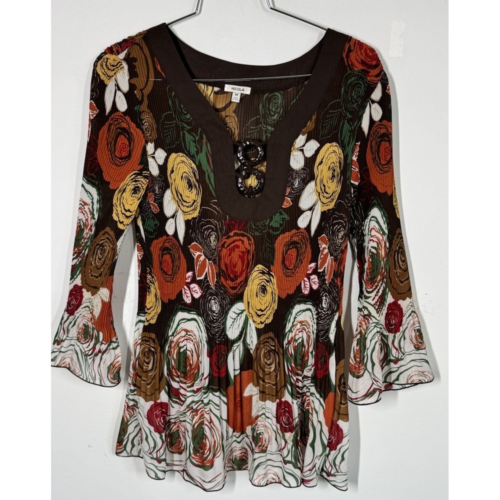 Nicola Accordion Pleated Y2K Brown Abstract Floral Tunic Top Size M Bell Sleeves - Picture 2 of 9